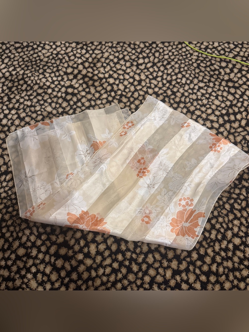 Vintage Sheer Striped Floral Scarf Orange Cream | Silk Feel | Made in Korea